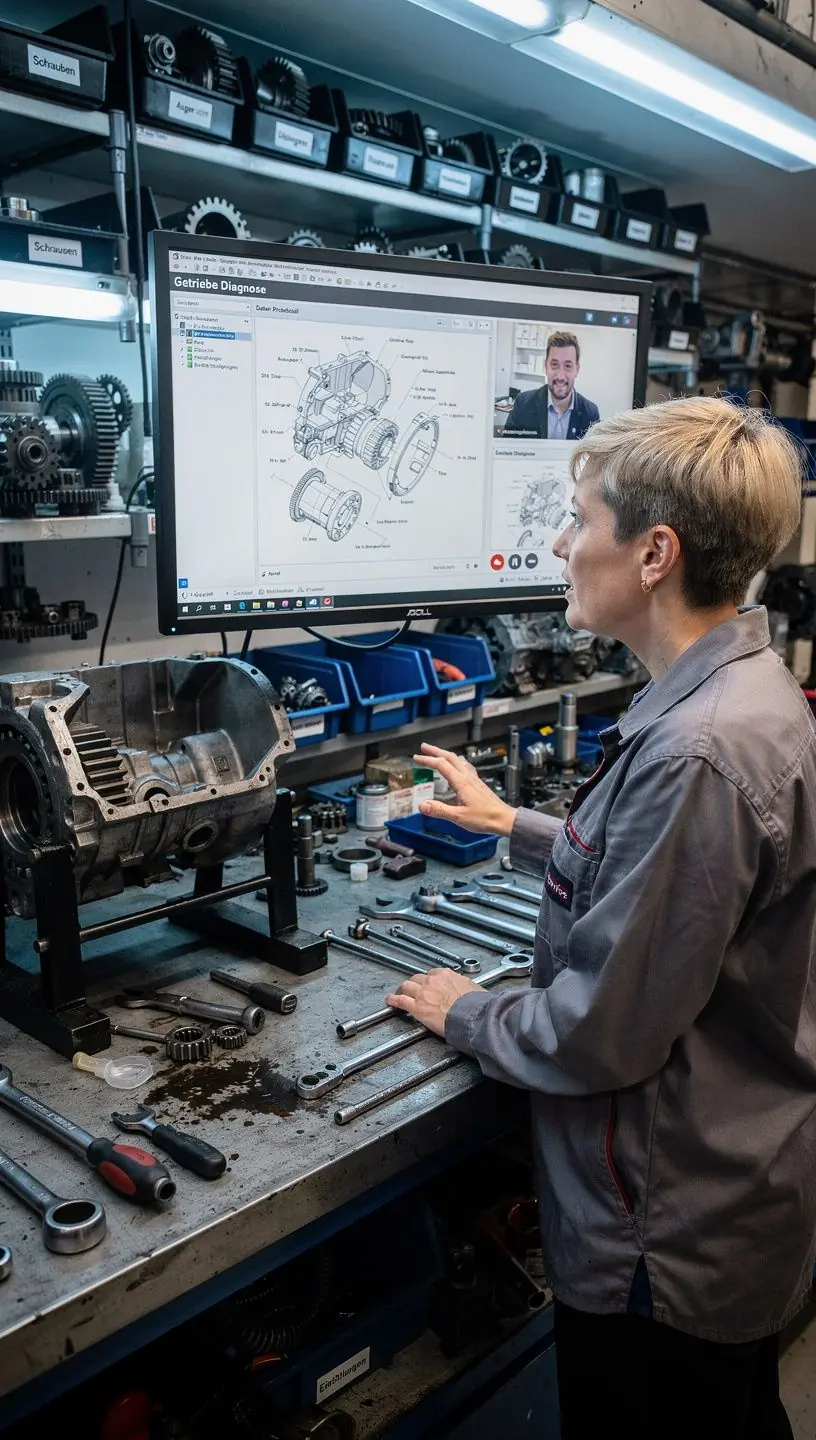 Moderner Diagnosecomputer analysiert Getriebefehler zur effizienten Reparatur in einem spezialisierten Reparaturzentrum in Deutschland